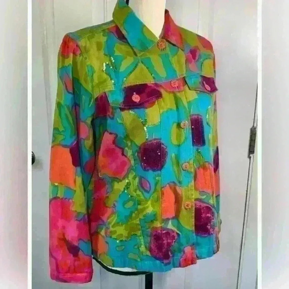 Choices Womens Jacket Sequin Green Fuchsia Multi Print Buttons Pockets Size XL - Picture 2 of 6